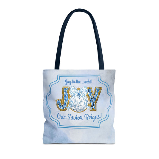Chinoiserie JOY Christmas Tote â Blue & White Nativity Bag | âJoy to the World, Our Savior Reignsâ Christian Holiday Tote by Velvet Ribbon Gifts