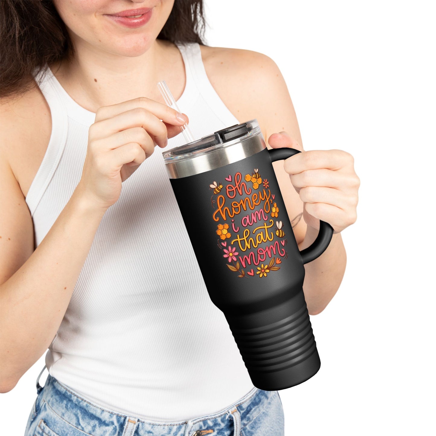 40oz Insulated Travel Mug — "Oh Honey I Am That Mom" Floral Stainless Tumbler