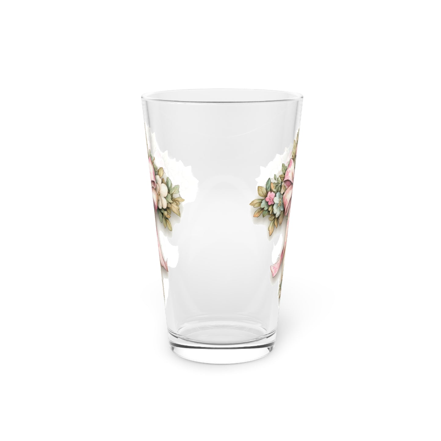 Floral Pink Bow Pint Glass — 16oz Decorative Flower Beer Glass