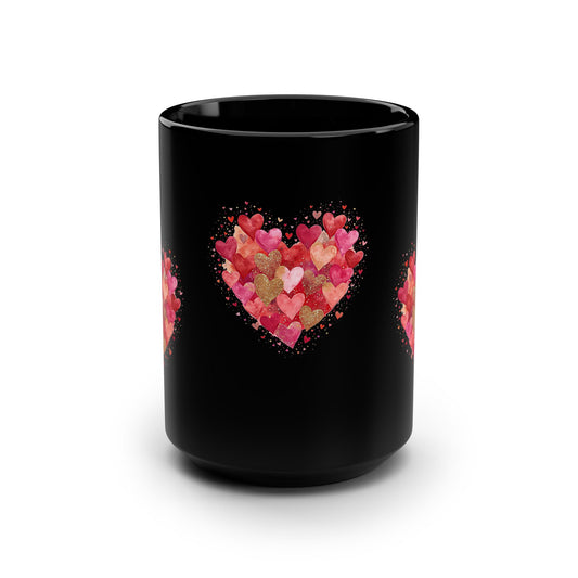 15oz Black Mug — Watercolor Heart Pattern Valentine Coffee Cup