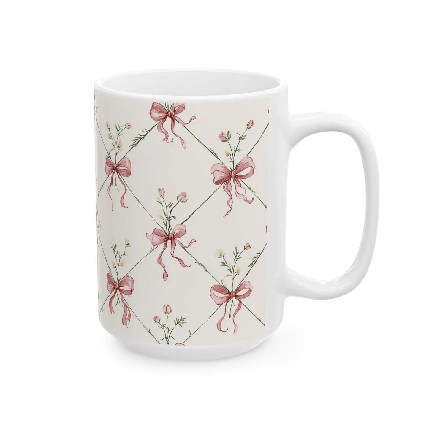 Floral Ribbon Pattern Ceramic Mug — Vintage Pink Bow Tea Coffee Cup (11oz & 15oz)