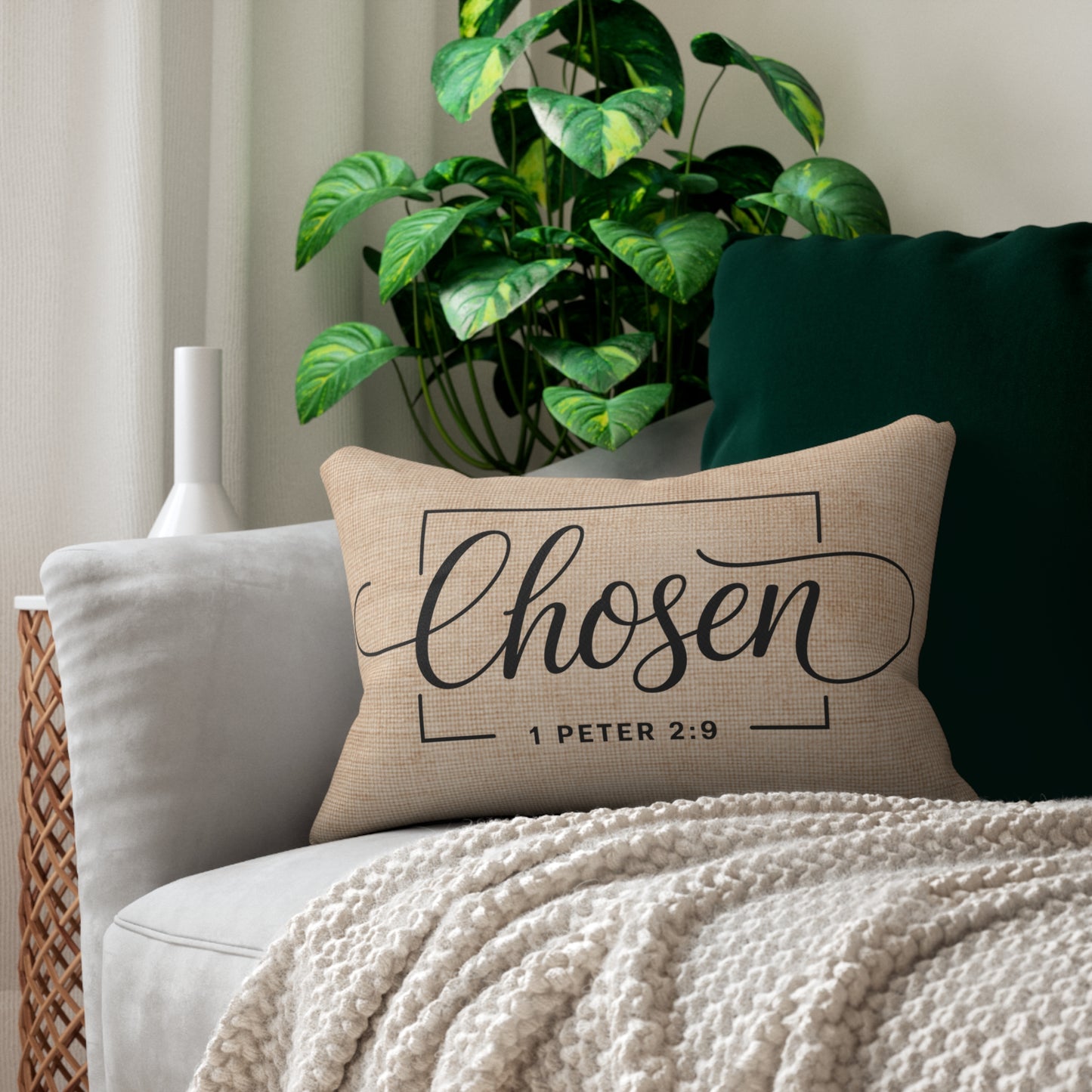 Peppermint’s Faith & Promise Pillows | Neutral Scripture Lumbar Pillows | Christian Home Decor Lumbar Pillow — "Chosen" 1 Peter 2:9