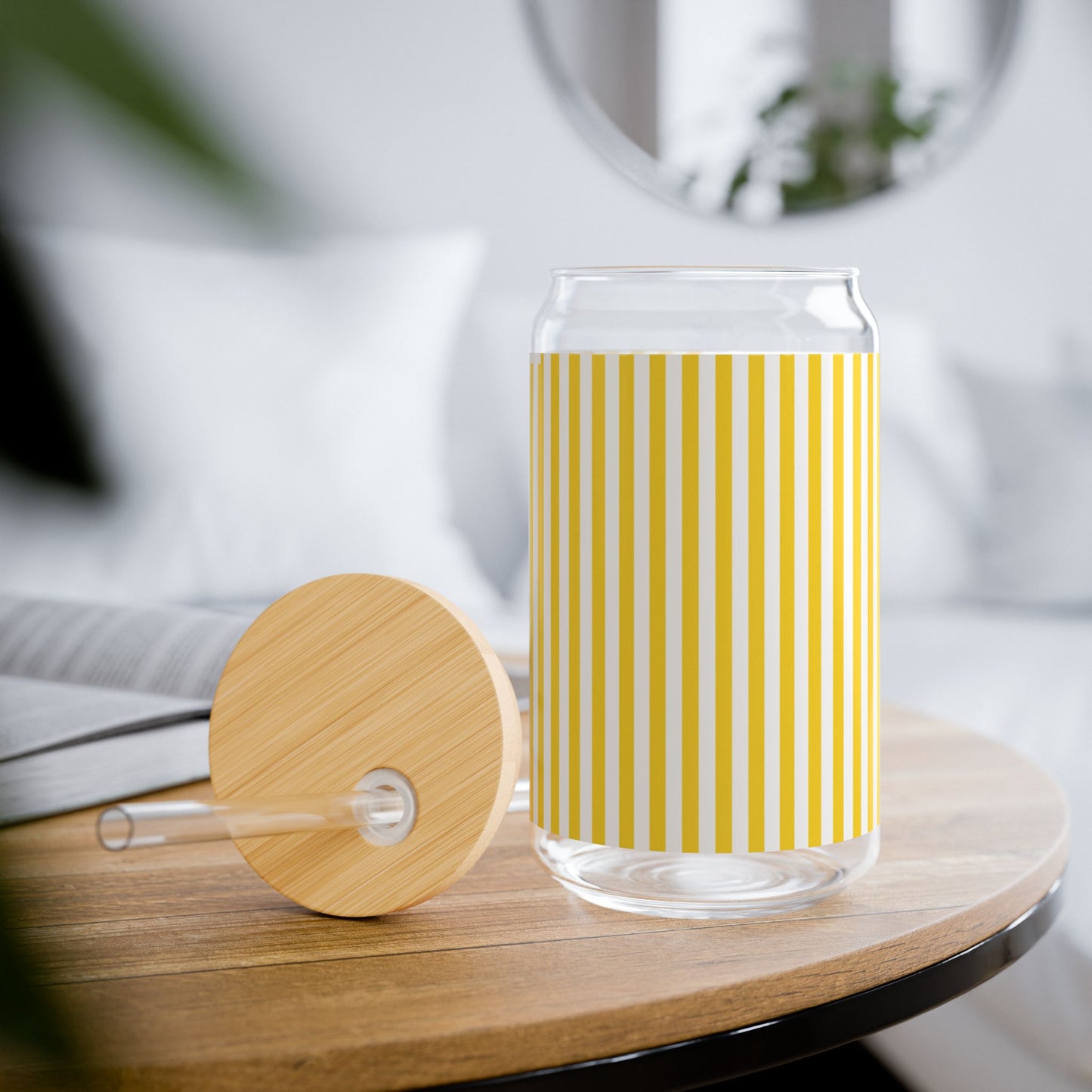 Yellow Stripe Sipper Glass – 16oz Bamboo Lid Straw