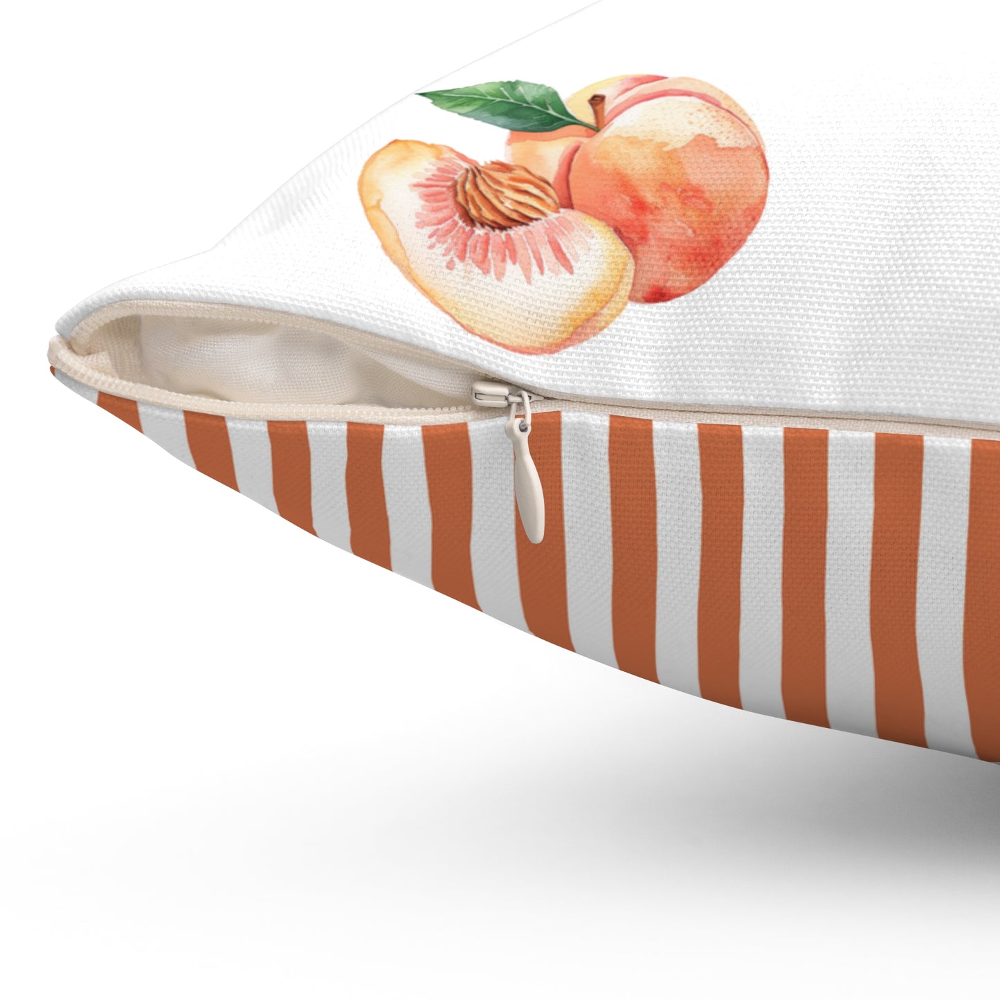 Peach Pattern Square Pillow — Watercolor Peaches on White with Striped Back