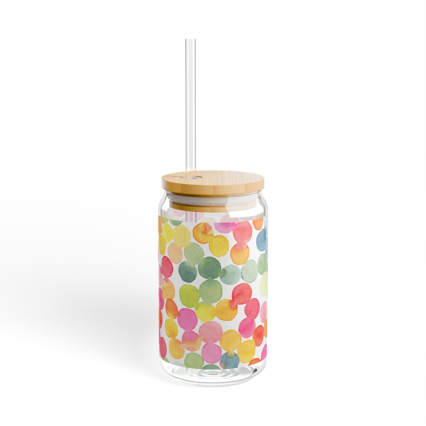 16oz Polka Dot Sipper Glass — Colorful Watercolor Bubble Drink Jar with Straw