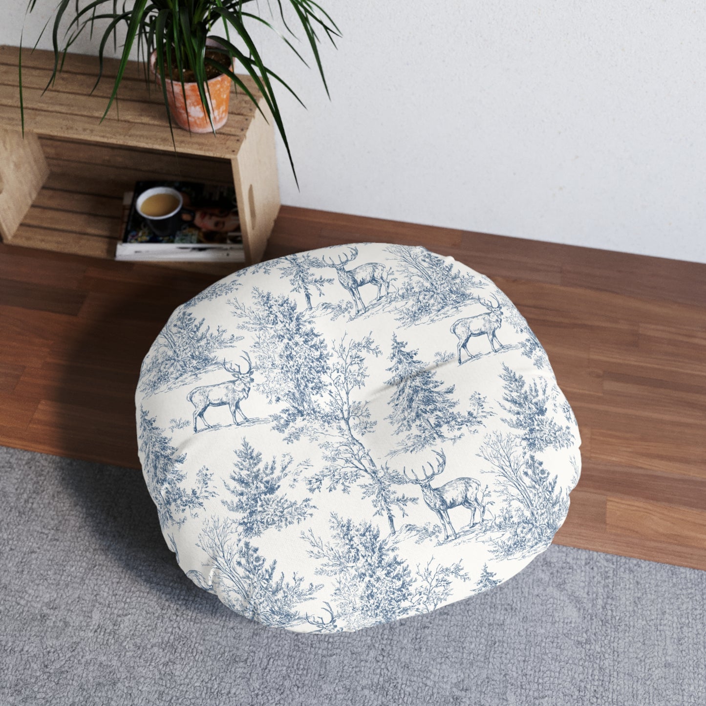 Heirloom Woodland Floor Pillow – 30 Inch Soft Blue Deer Toile