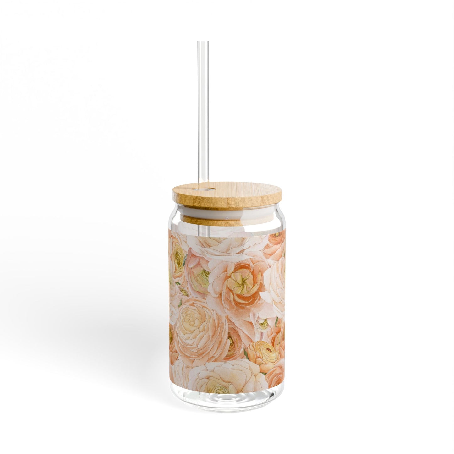 Floral Sipper Glass 16oz — Peach Rose Mason-Style Tumbler with Straw