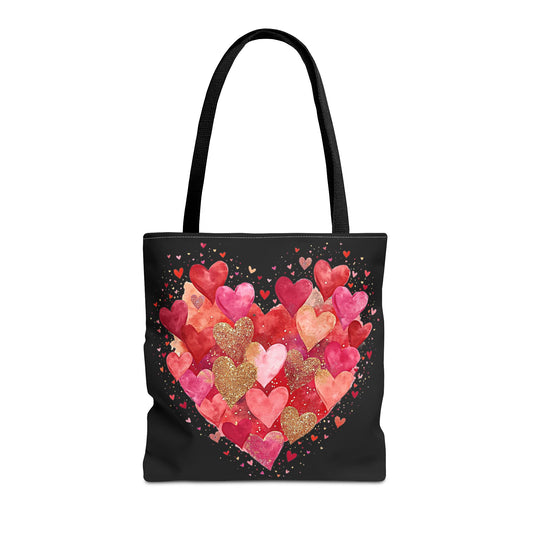 Heart Collage Tote Bag — Watercolor & Gold Glitter Hearts, Valentine’s Day Gift