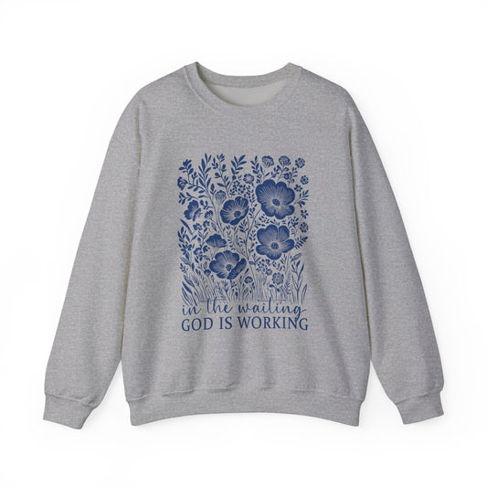 Chinoiserie Floral Faith Sweatshirt â âIn the Waiting, God Is Workingâ Christian Comfort Crewneck | Mama & Grandmama Gift