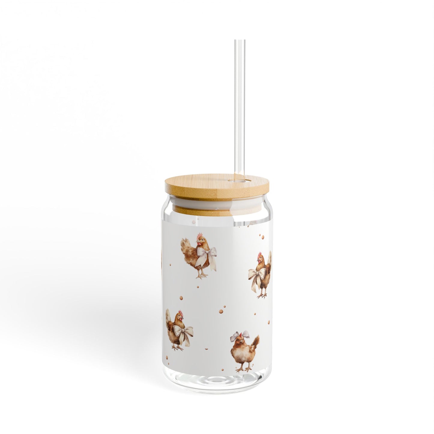 Chicken Pattern 16oz Glass Sipper with Bamboo Lid