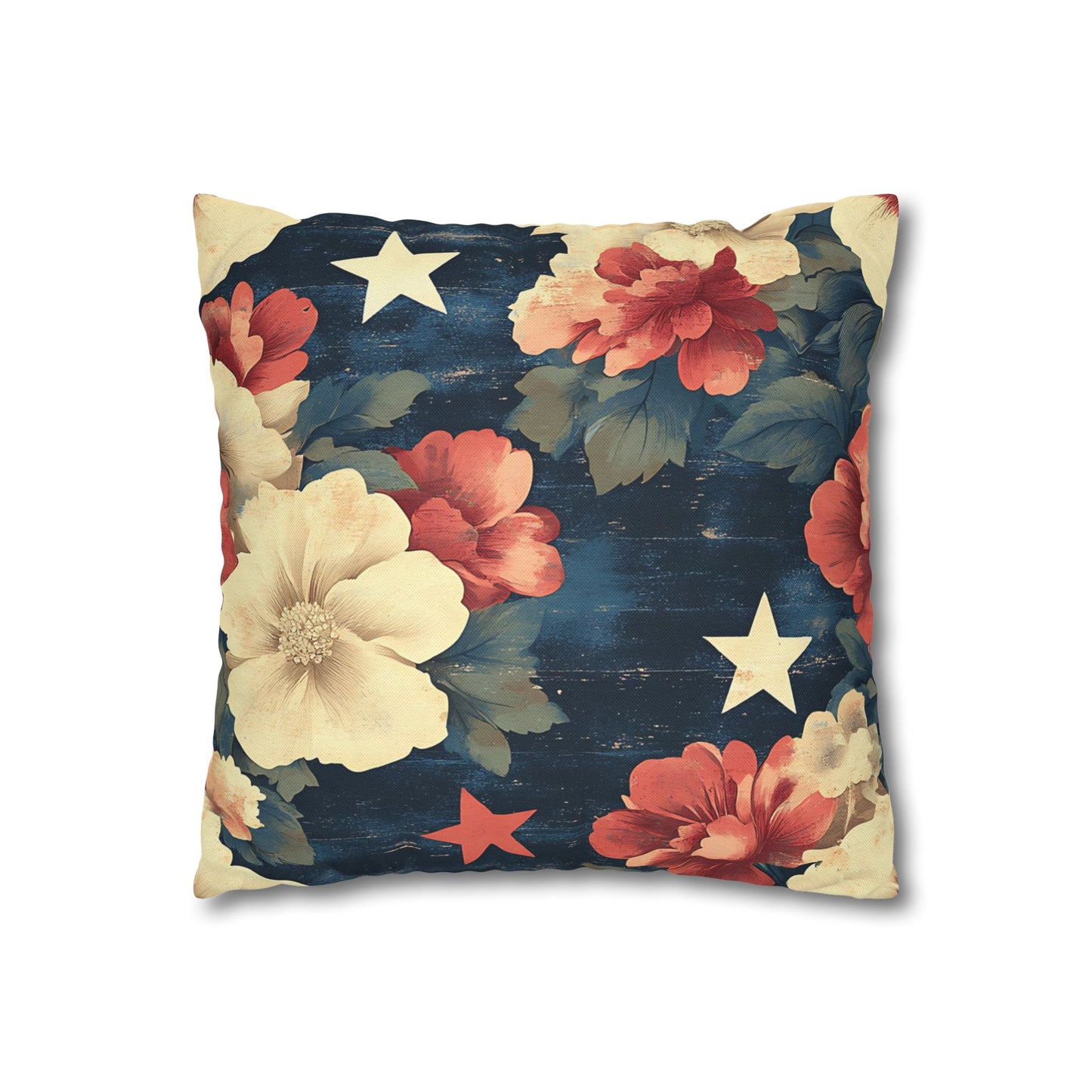 Floral Stars Throw Pillowcase — Vintage Navy Patriotic Floral Pillow Cover