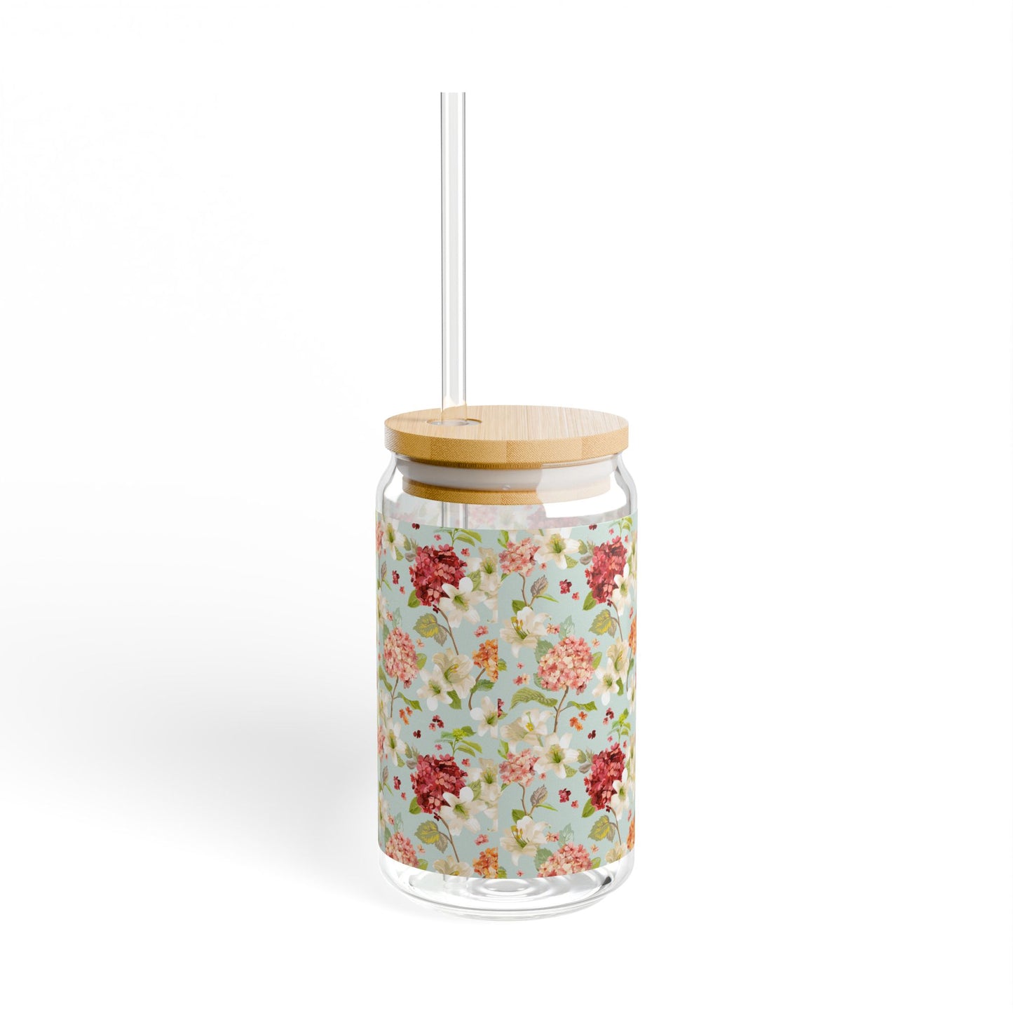16oz Floral Sipper Glass Jar with Bamboo Lid & Straw – Vintage Rose Pattern