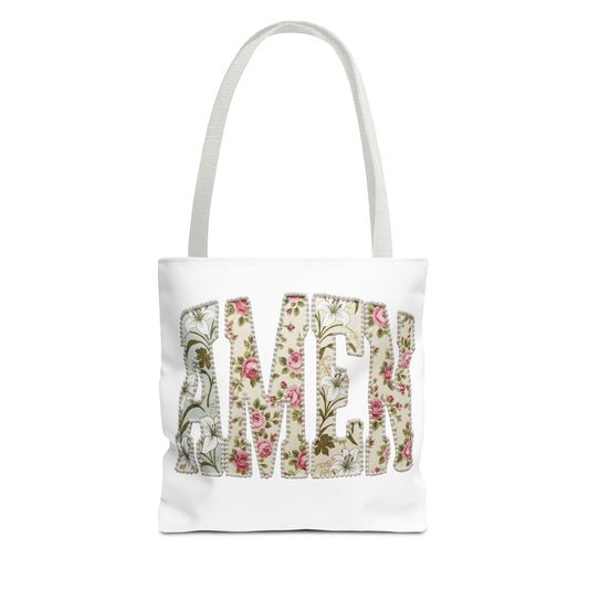 Floral 'AMEN' Canvas Tote Bag — Vintage Botanical Print Shopping Bag