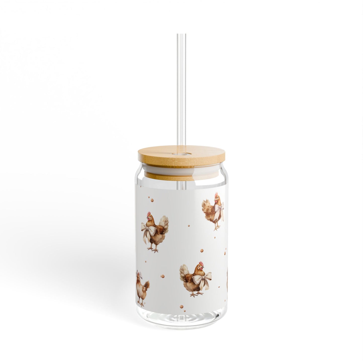 Chicken Pattern 16oz Glass Sipper with Bamboo Lid