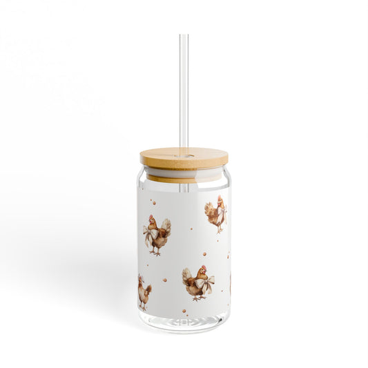 Chicken Pattern 16oz Glass Sipper with Bamboo Lid