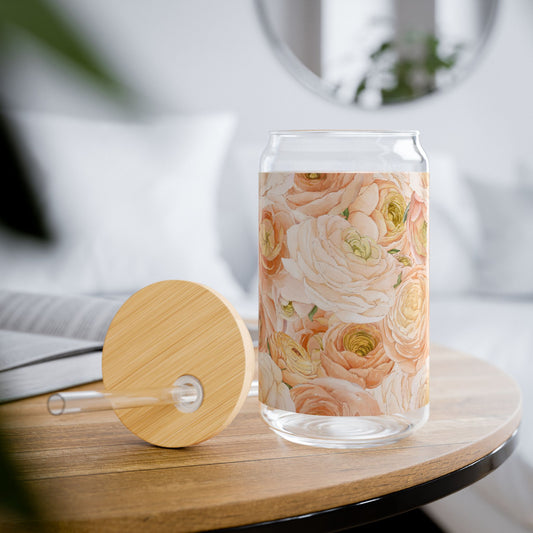 Floral Sipper Glass 16oz — Peach Rose Mason-Style Tumbler with Straw