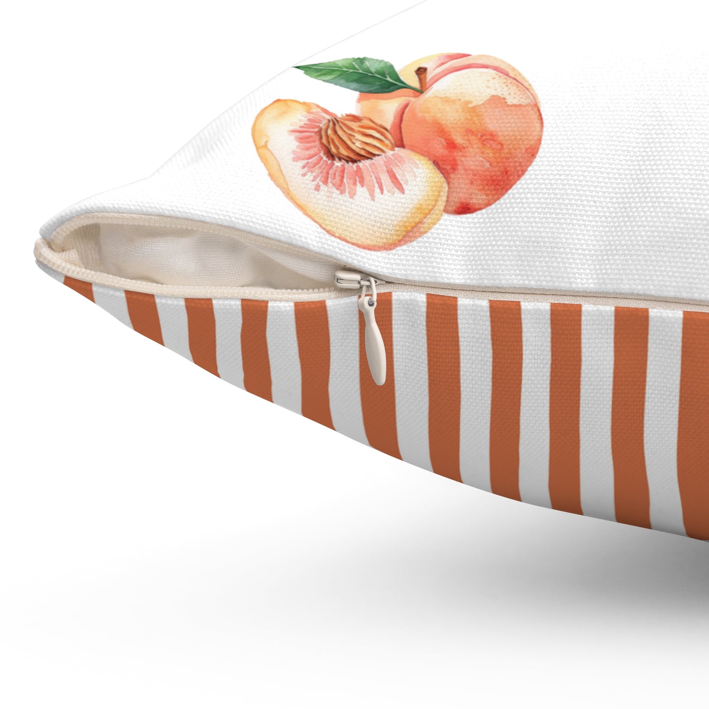 Peach Pattern Square Pillow — Watercolor Peaches on White with Striped Back