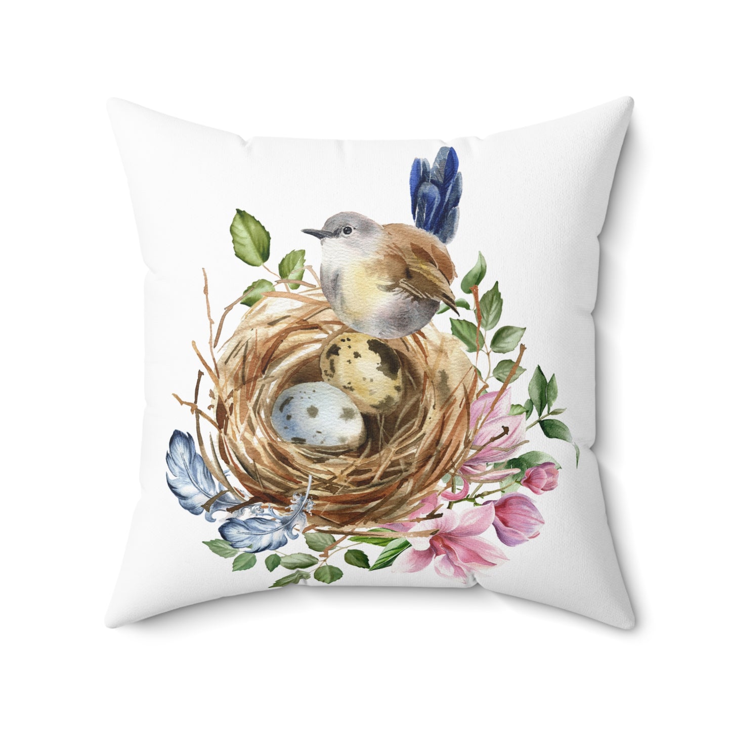 Spring Bird Nest Decorative Pillow — Blue Egg Botanical Throw Pillow