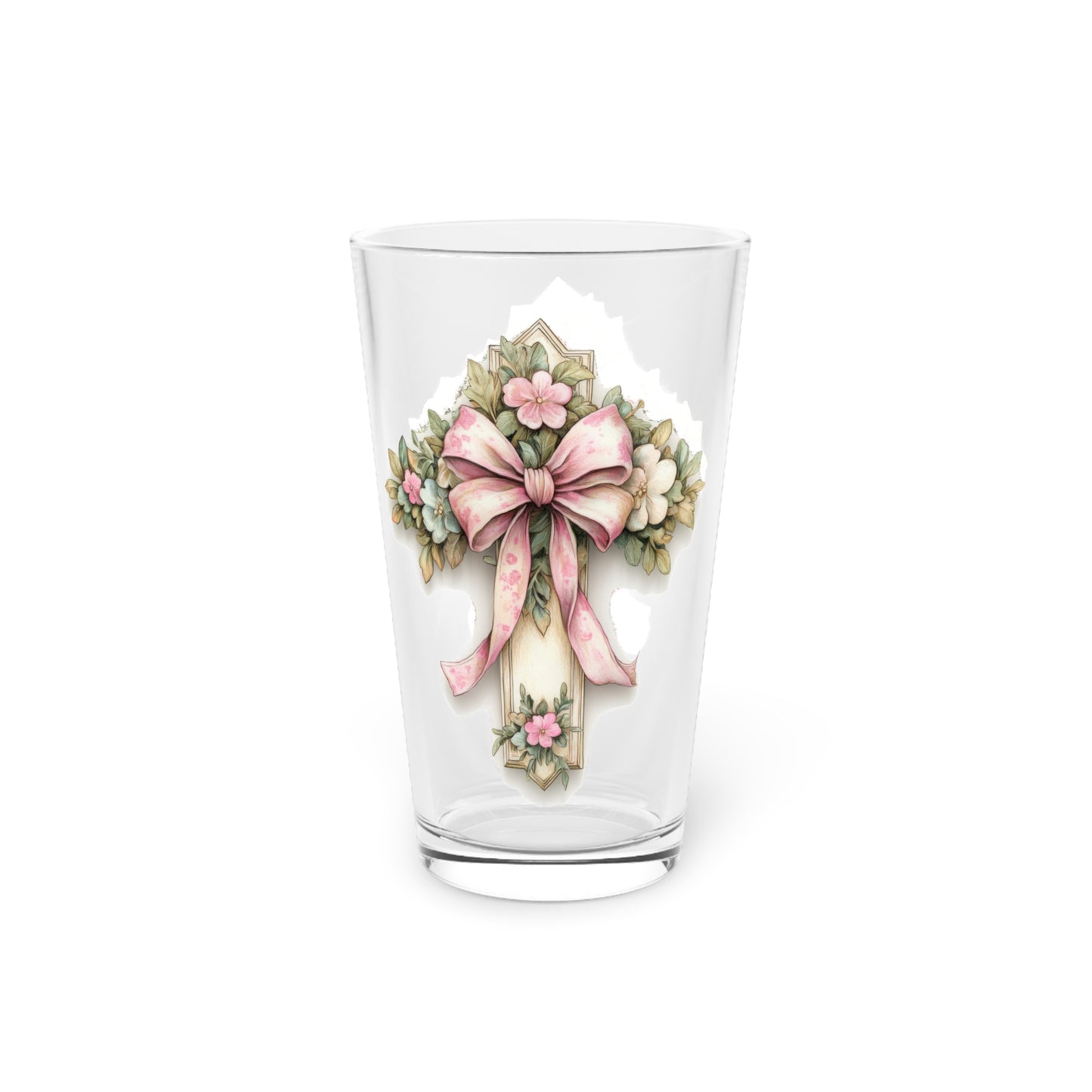 Floral Pink Bow Pint Glass — 16oz Decorative Flower Beer Glass