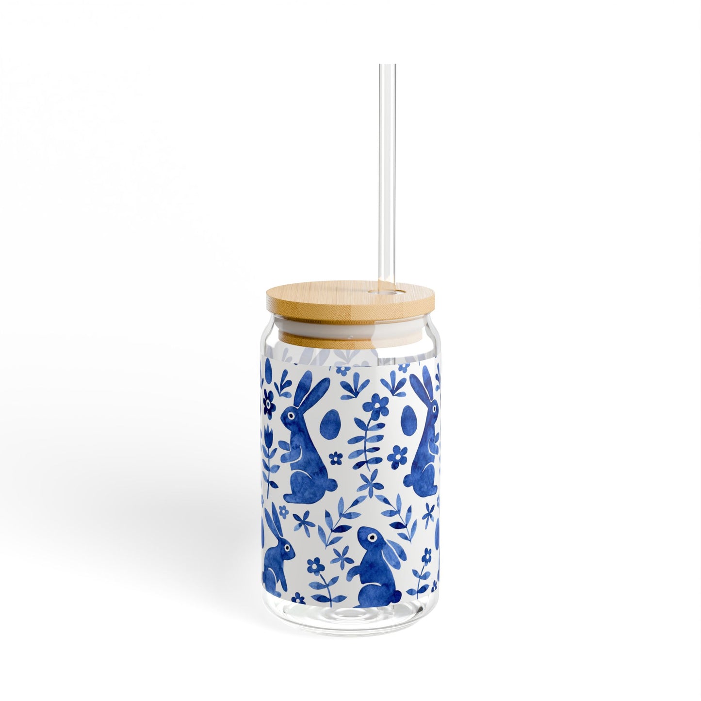 Blue Folk Art Bunny Sipper Glass — 16oz Ceramic-Style Travel Tumbler with Straw
