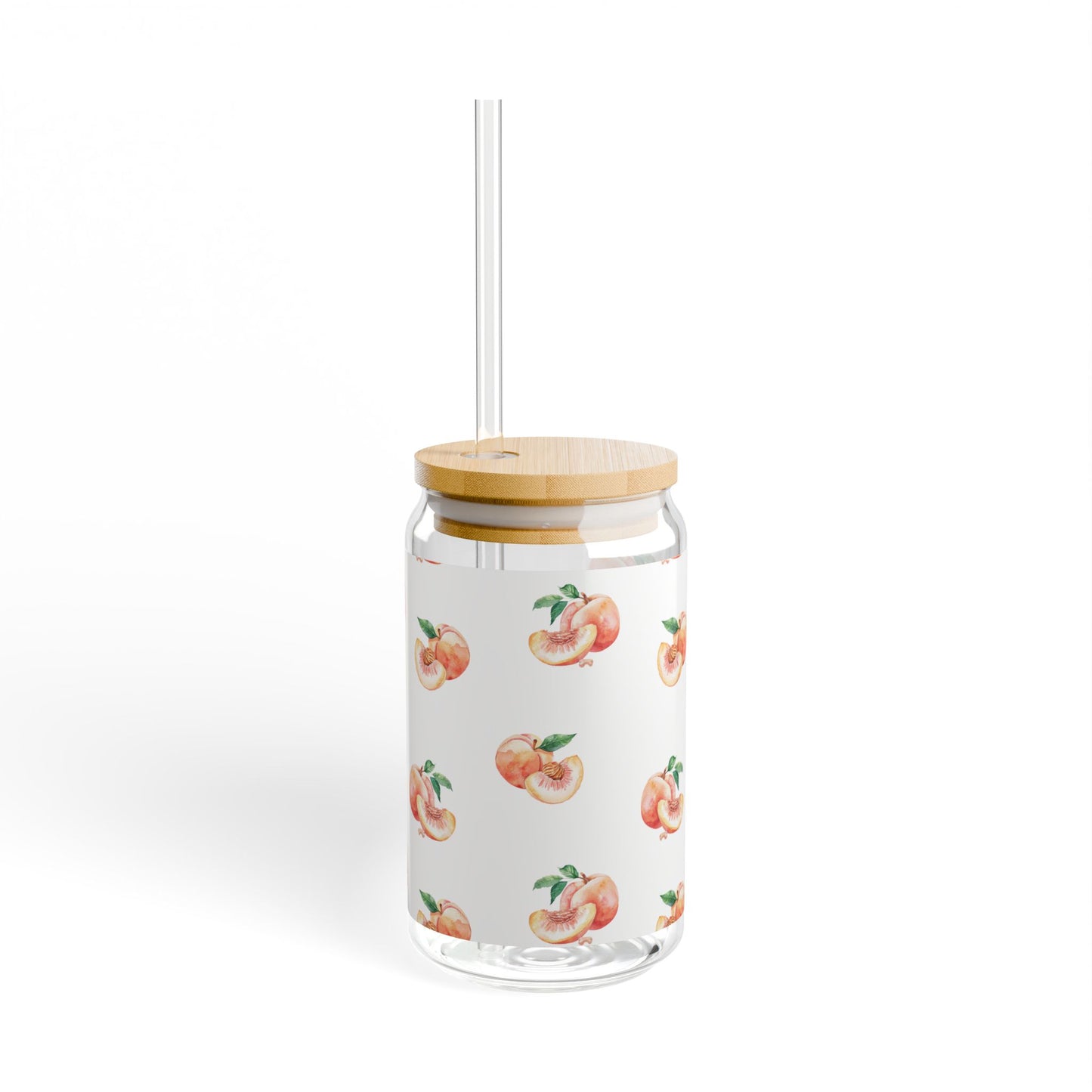 Peach Pattern 16oz Glass Sipper with Bamboo Lid & Straw