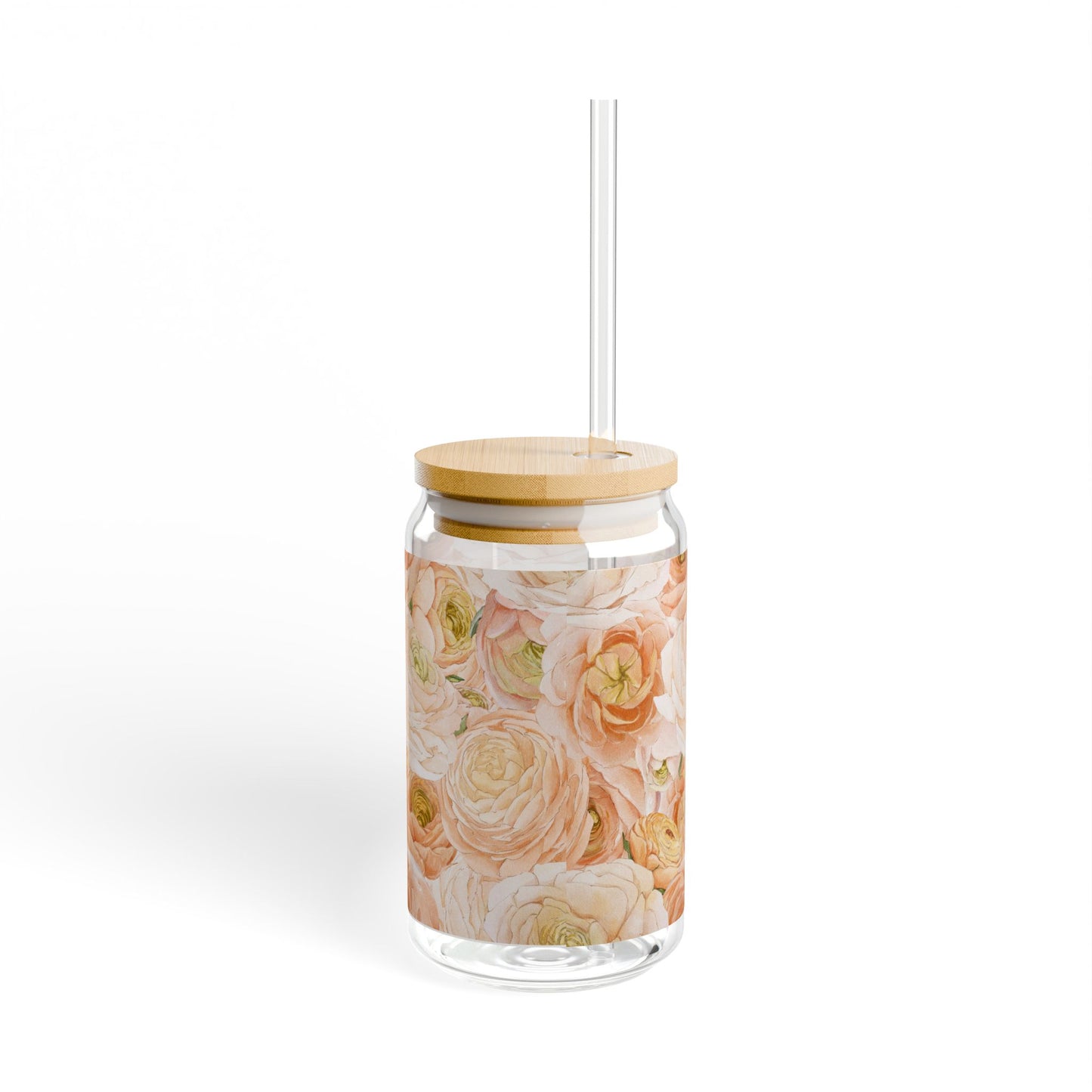 Floral Sipper Glass 16oz — Peach Rose Mason-Style Tumbler with Straw