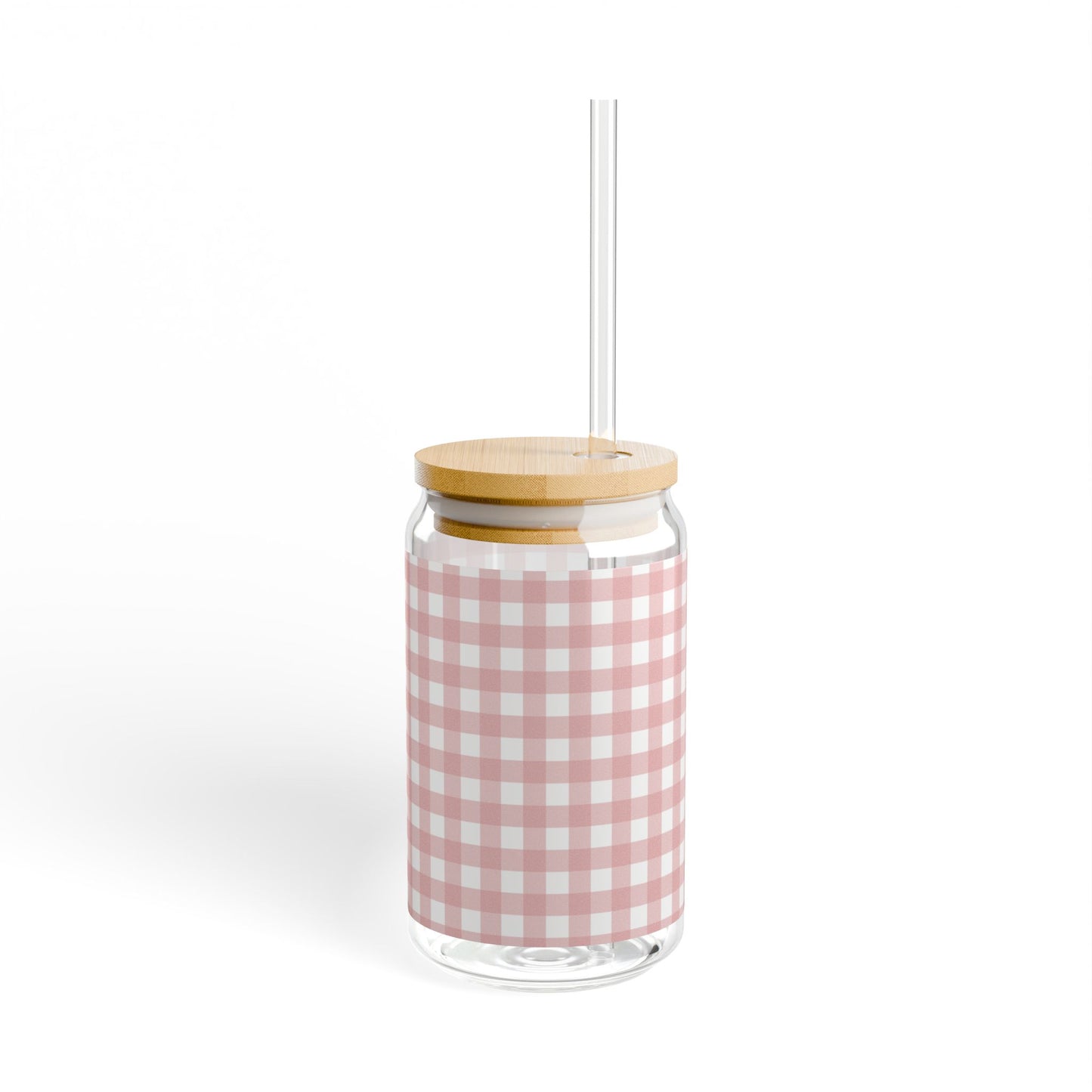 16oz Pink Gingham Sipper Glass — Reusable Straw Canister for Picnic & Everyday Drinks