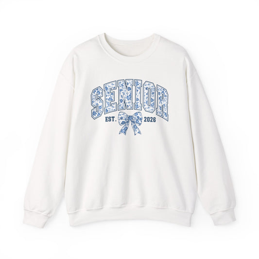 Chinoiserie SENIOR 2026 Sweatshirt – Blue & White Bow | Class of 2026 Gift | Preppy Senior Crewneck | Graduation Sweatshirt for Her