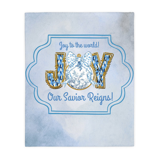 Chinoiserie JOY Christmas Blanket – Blue & White Nativity Throw | “Joy to the World, Our Savior Reigns” Christian Holiday Blanket by Peppermint Pickle