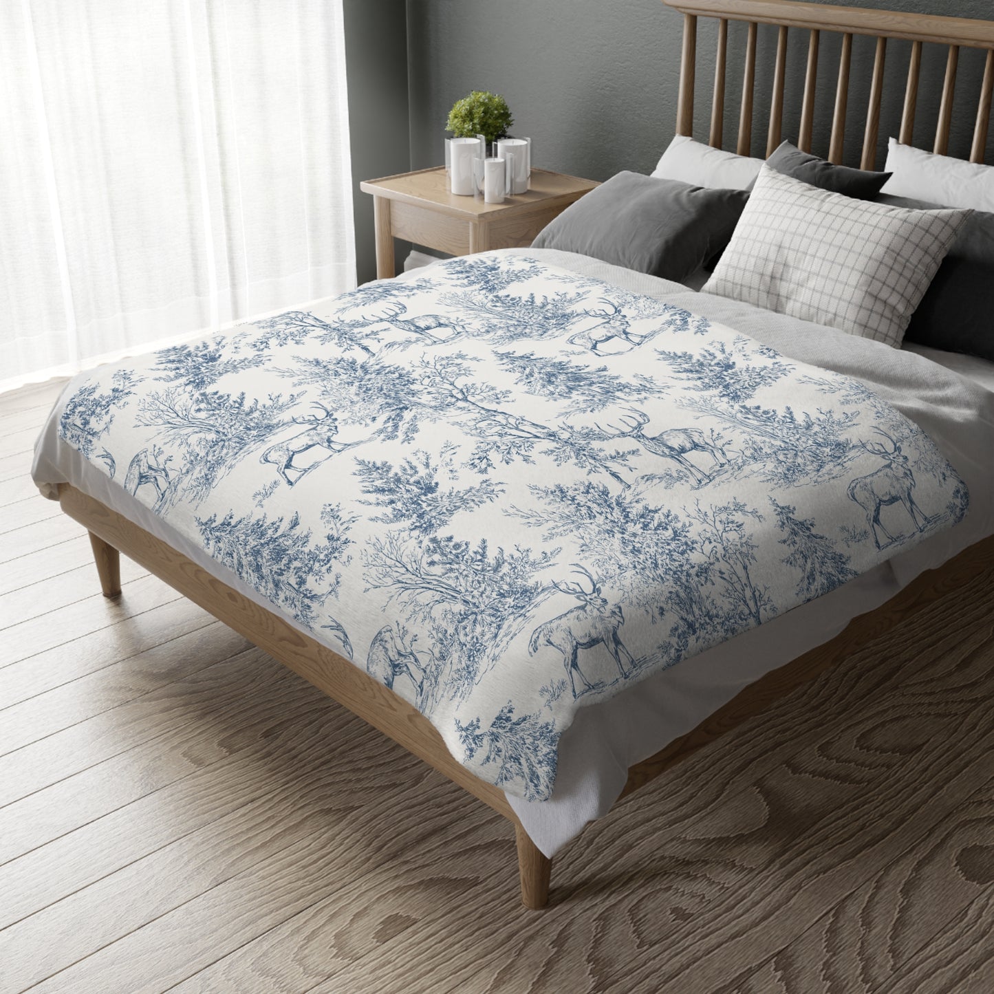 Peppermint’s Winterwood Heirloom Velveteen Blanket   Deer & Pine Toile Velveteen Blanket — Blue Scenic Microfiber Throw
