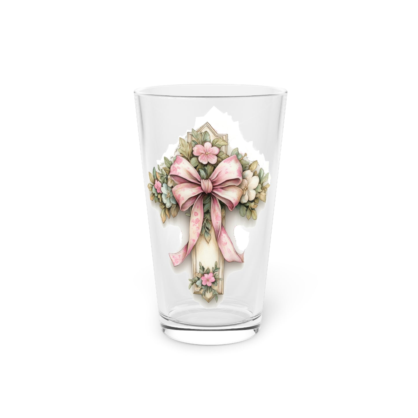 Floral Pink Bow Pint Glass — 16oz Decorative Flower Beer Glass