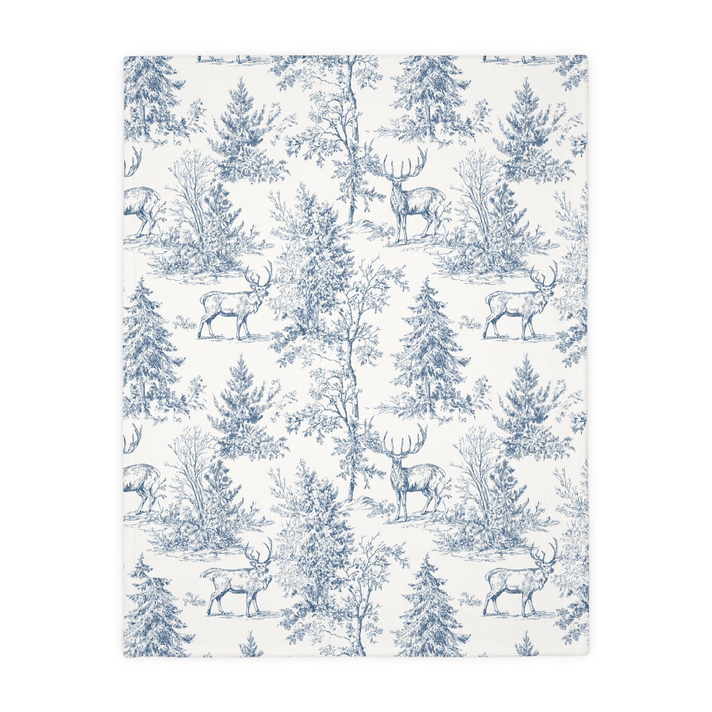 Peppermint’s Winterwood Heirloom Velveteen Blanket   Deer & Pine Toile Velveteen Blanket — Blue Scenic Microfiber Throw