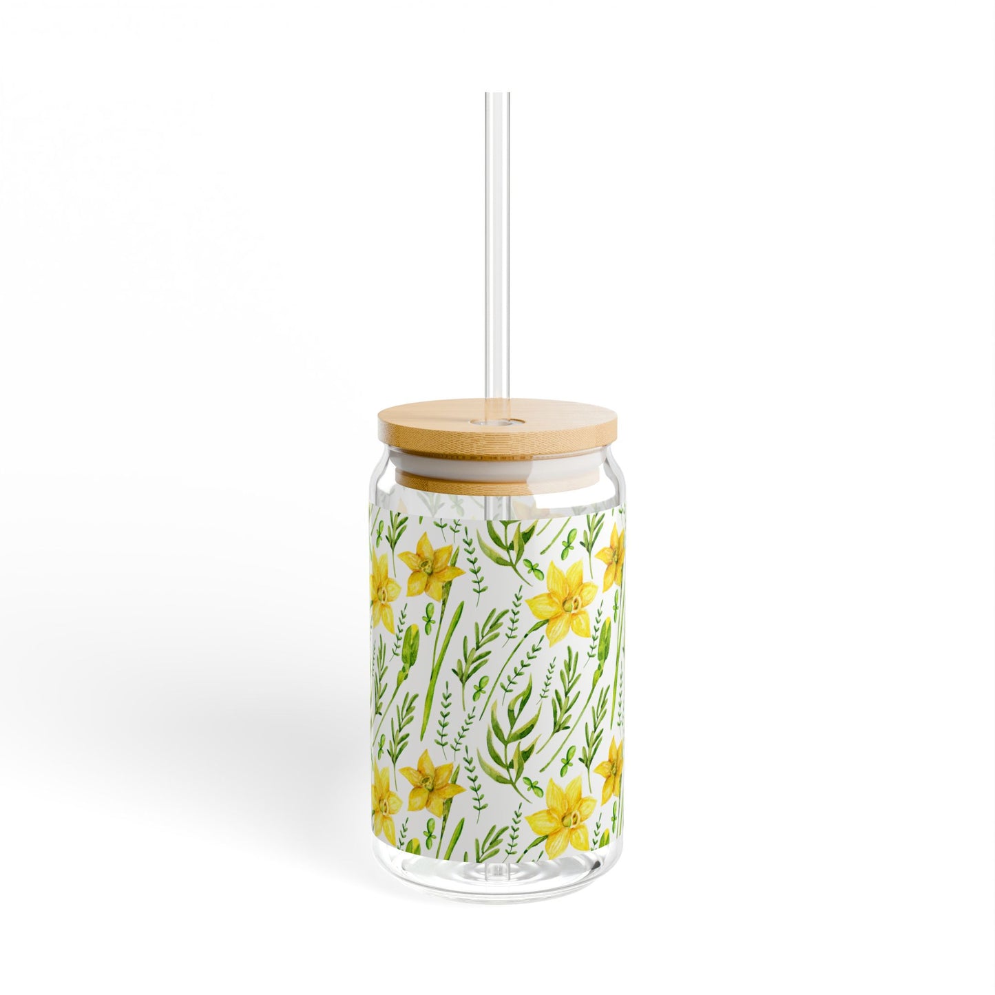 16oz Floral Sipper Glass - Yellow Daffodil Pattern with Bamboo Lid & Straw