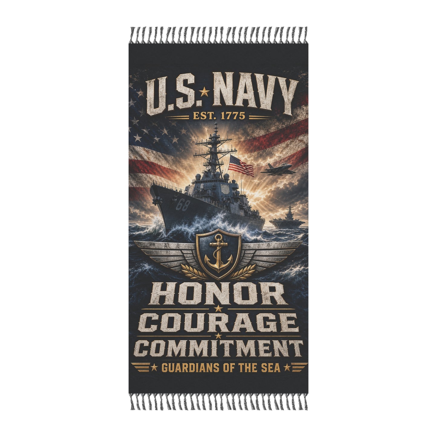 U.S. Navy Beach Towel – "Honor Courage Commitment" Patriotic Ship Design