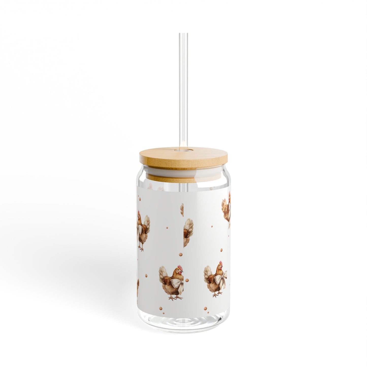 Chicken Pattern 16oz Glass Sipper with Bamboo Lid