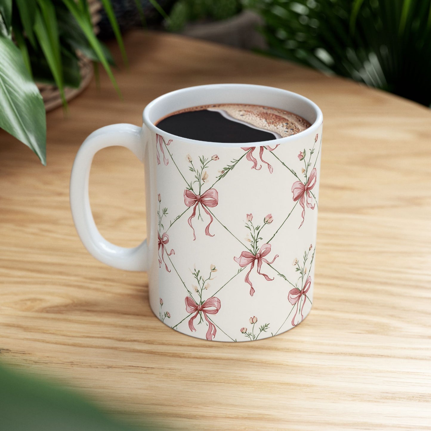 Floral Ribbon Pattern Ceramic Mug — Vintage Pink Bow Tea Coffee Cup (11oz & 15oz)