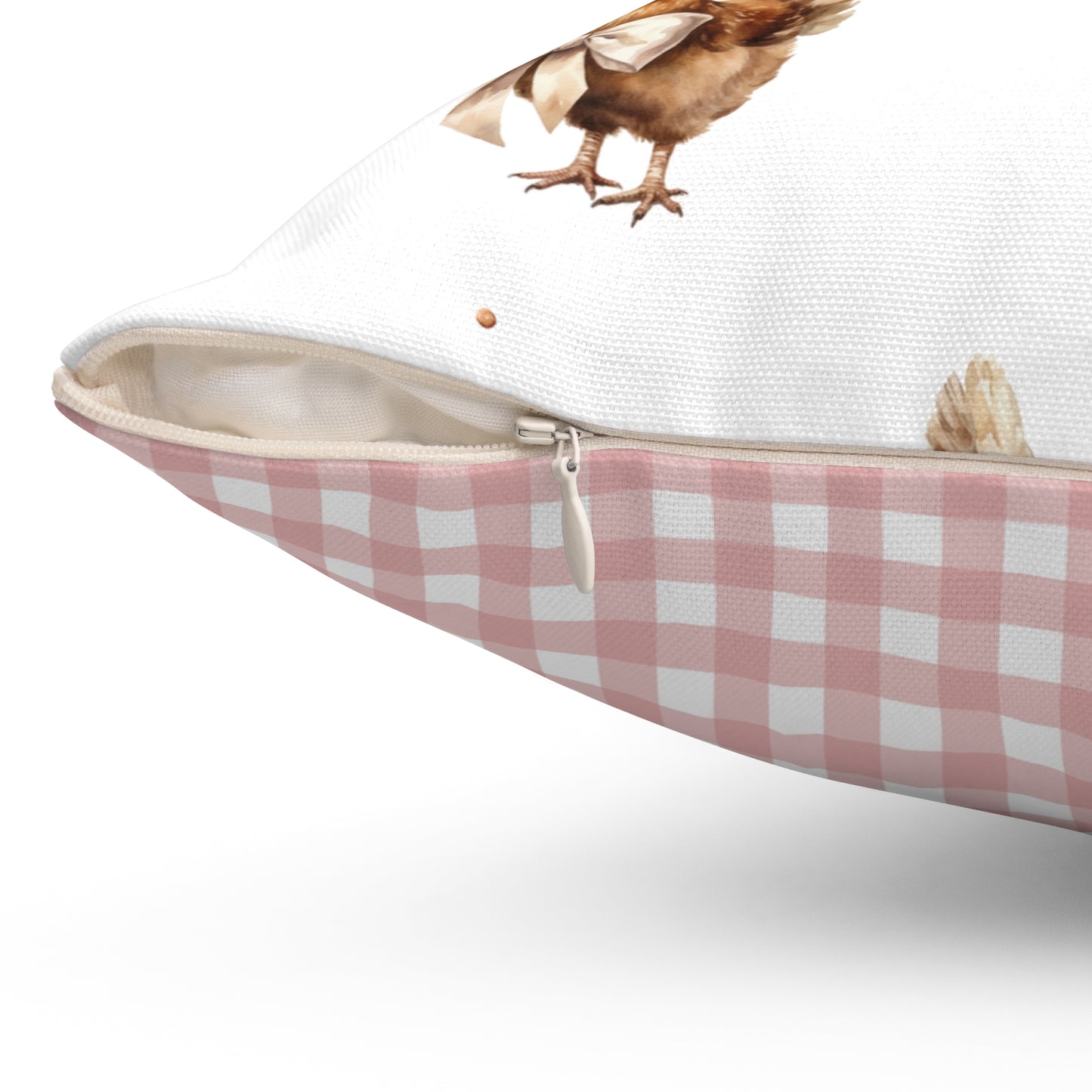 Farmhouse Chicken Decorative Pillow — Watercolor Hen & Pink Gingham Throw Pillow