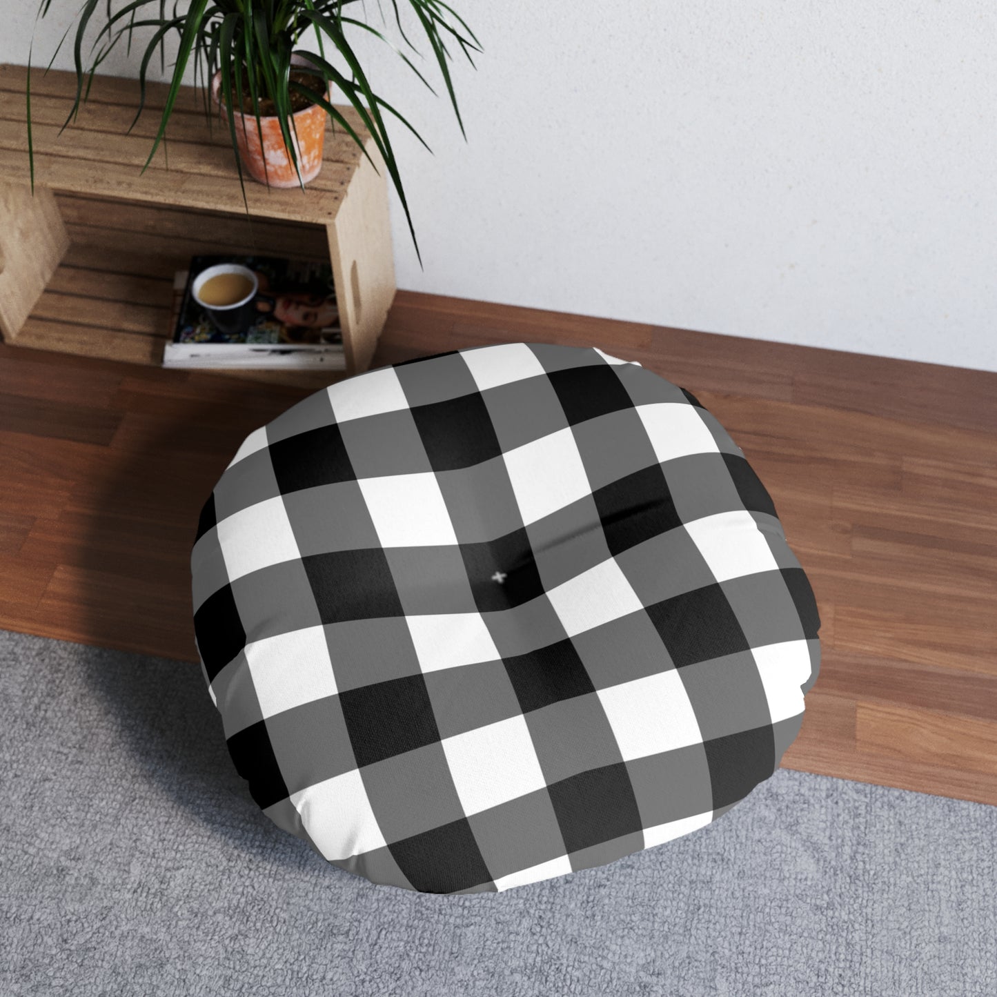 Cozy Tufted Floor Pillow, Stylish Round Cushion for Living Room, Home Decor Accent, Modern Seating, Buffalo Check Pattern