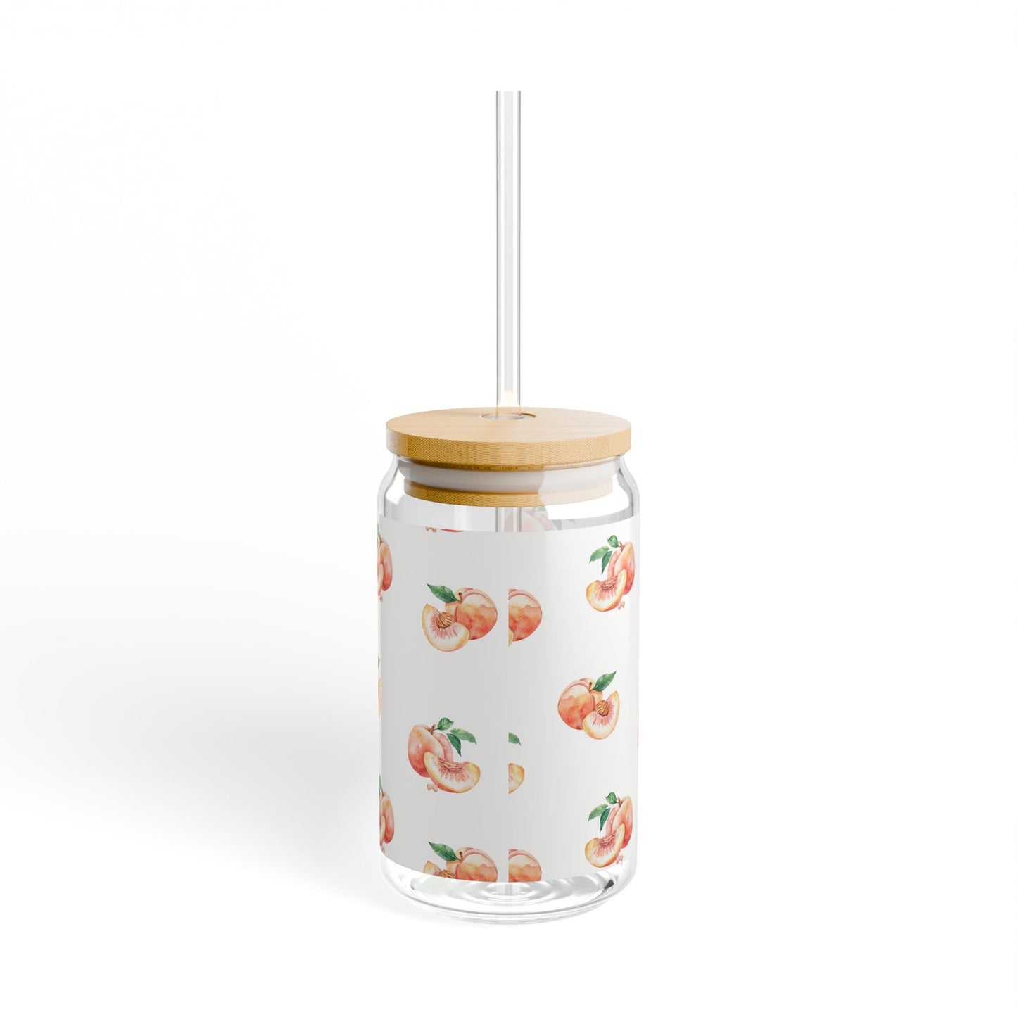 Peach Pattern 16oz Glass Sipper with Bamboo Lid & Straw