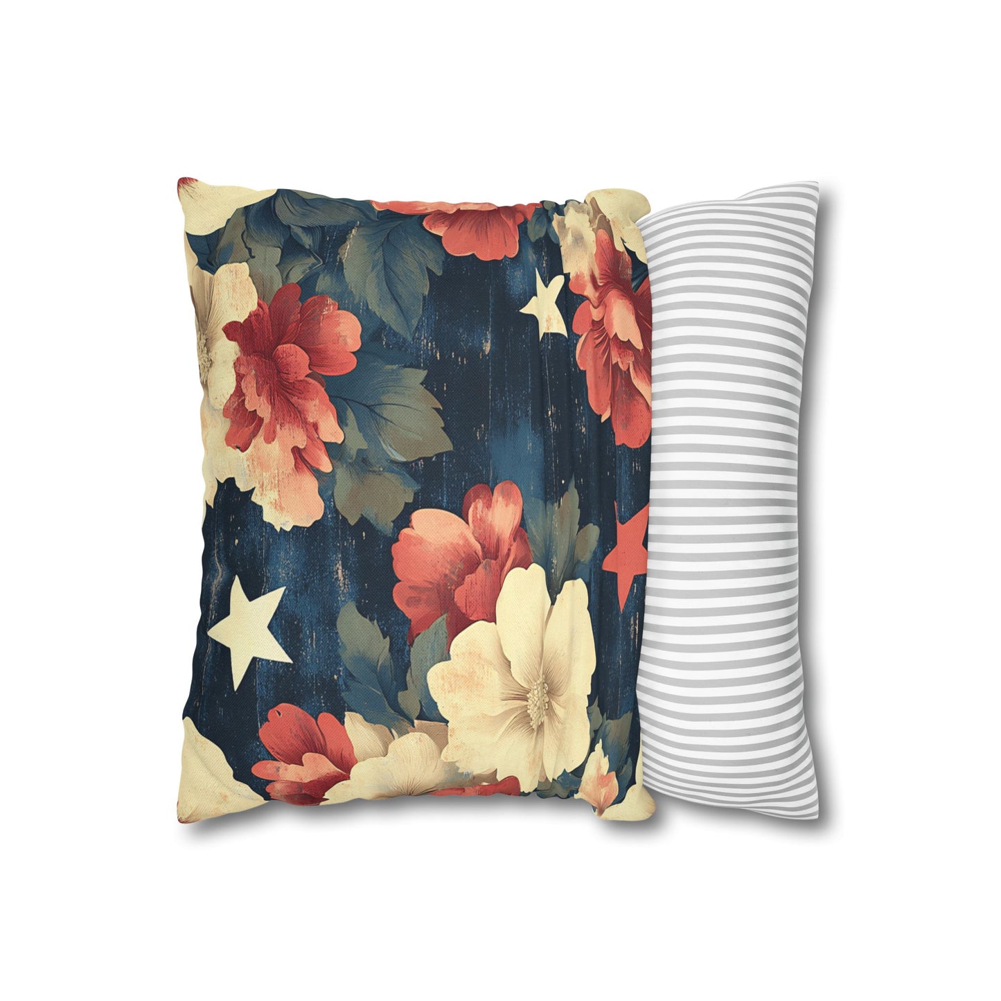 Floral Stars Throw Pillowcase — Vintage Navy Patriotic Floral Pillow Cover