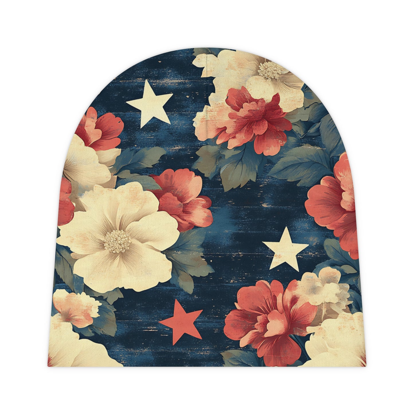 Floral Stars Baby Beanie – Navy Vintage Rose Print Newborn Hat