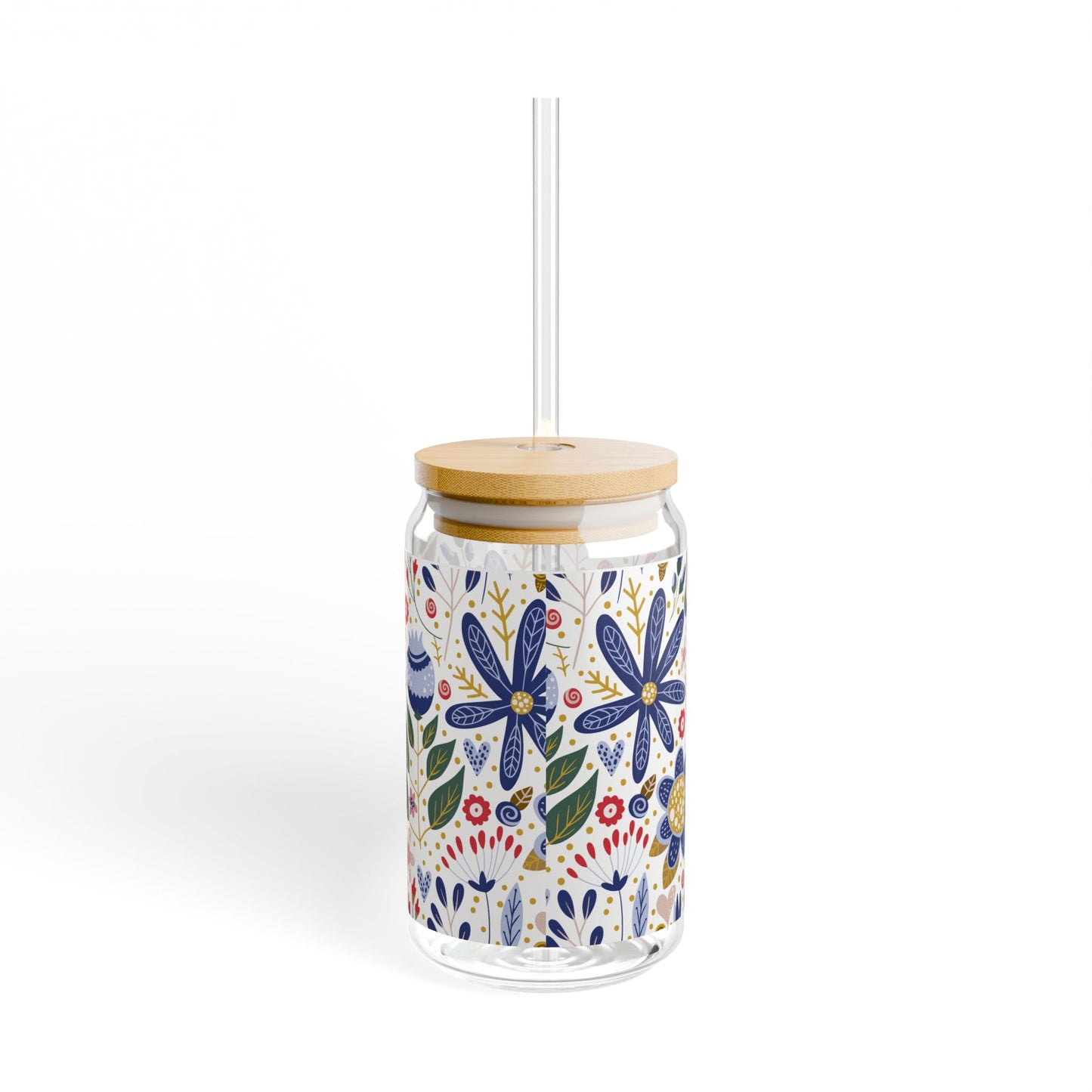 Floral Folk Art Sipper Glass — 16oz Reusable Drink Jar with Bamboo Lid & Straw