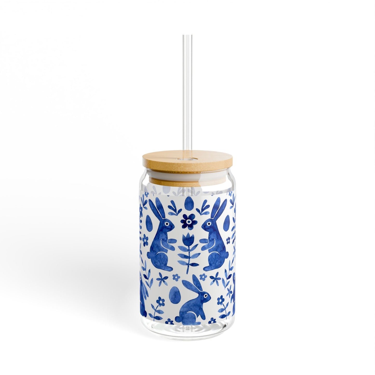 Blue Folk Art Bunny Sipper Glass — 16oz Ceramic-Style Travel Tumbler with Straw