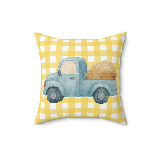Farmhouse Blue Truck Pillow — Yellow Gingham Harvest Decor