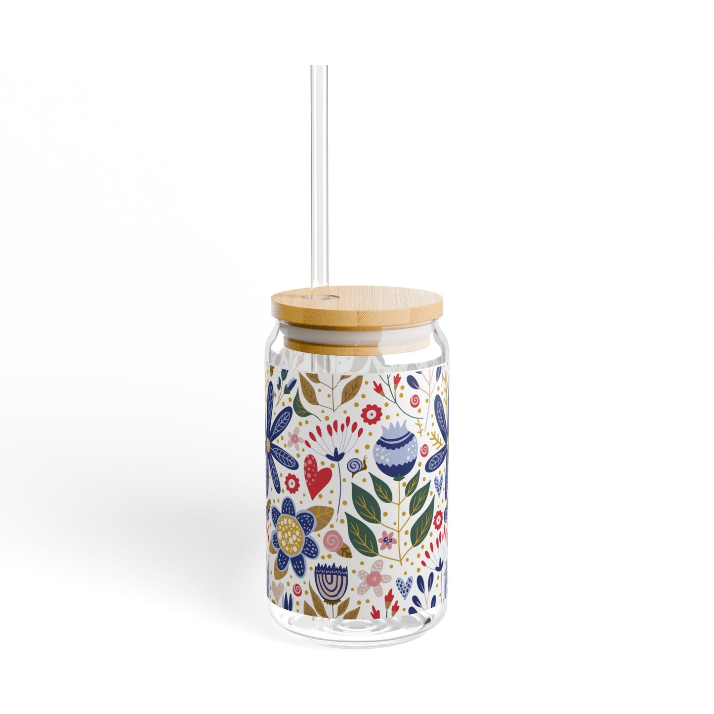 Floral Folk Art Sipper Glass — 16oz Reusable Drink Jar with Bamboo Lid & Straw