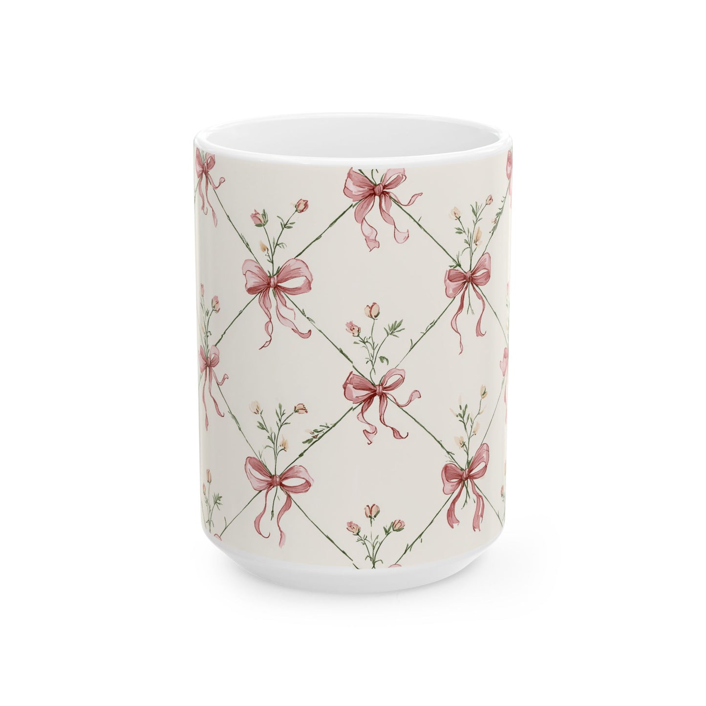 Floral Ribbon Pattern Ceramic Mug — Vintage Pink Bow Tea Coffee Cup (11oz & 15oz)
