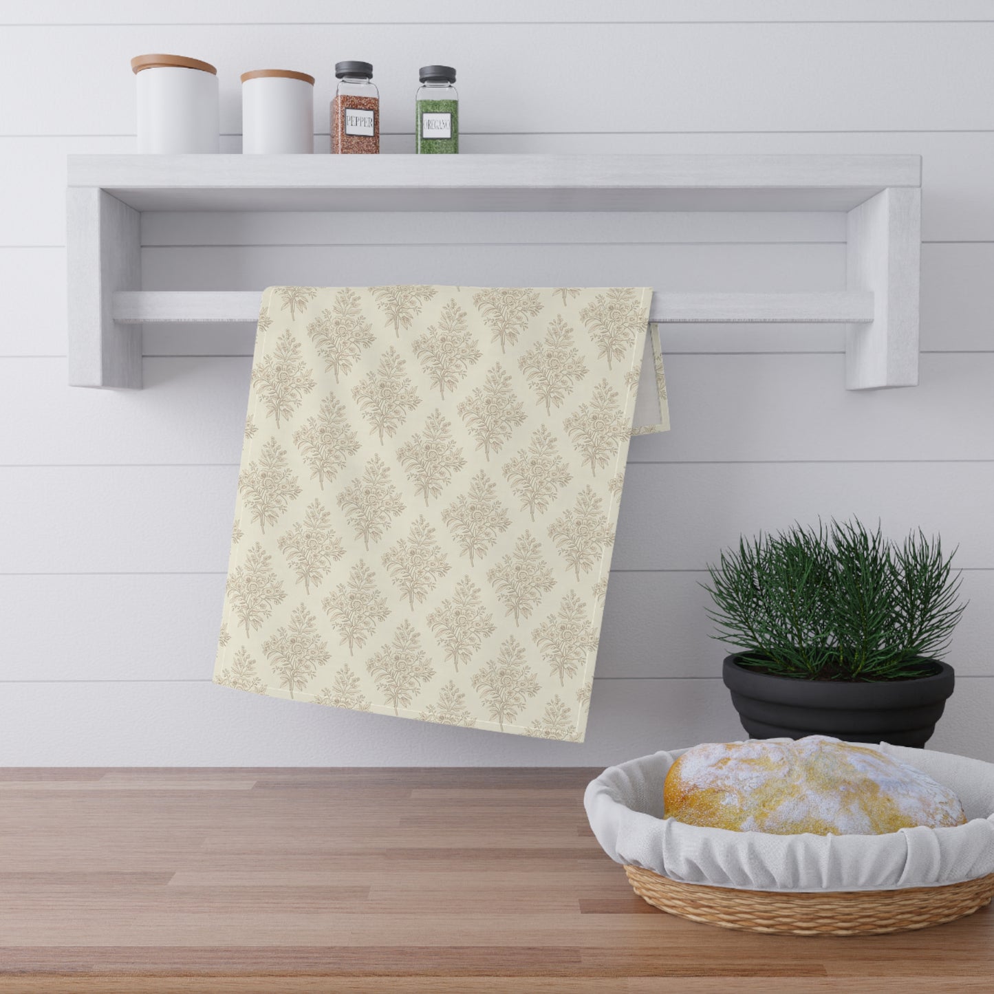 Damask Print Tea Towel — Neutral Vintage Kitchen Linen