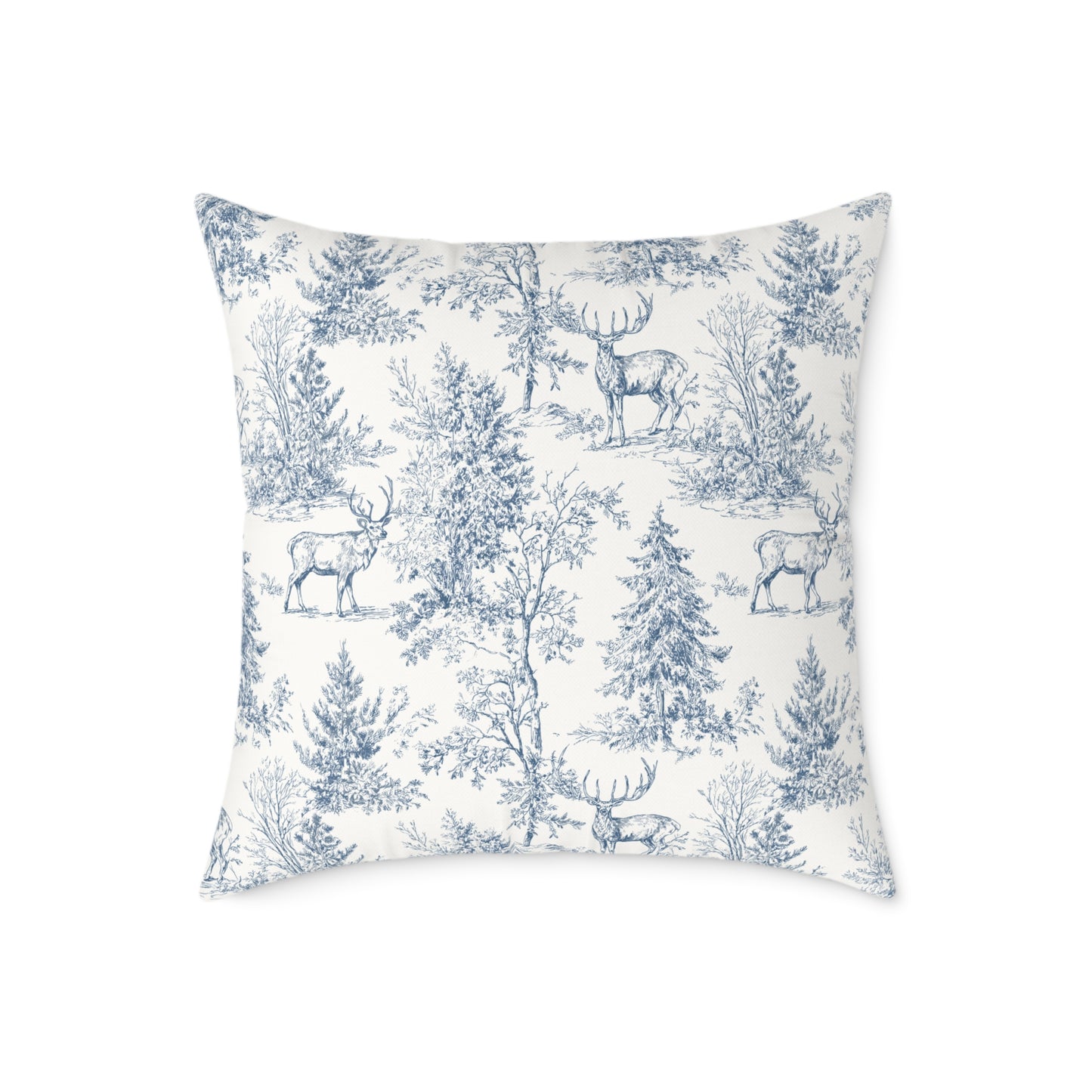 Peppermint’s Winterwood Heirloom Pillow Toile Deer Winter Pillow — Blue Woodland Decorative Throw Pillow