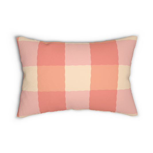 Joyful Gingham Pillow – Coral Pink Checkered Cushion for Cozy, Collected Homes  Layer with Heirloom Plum, Stillwater Check, or any of our art pillows for a warm, welcoming touch.  Spun Polyester Lumbar Pillow