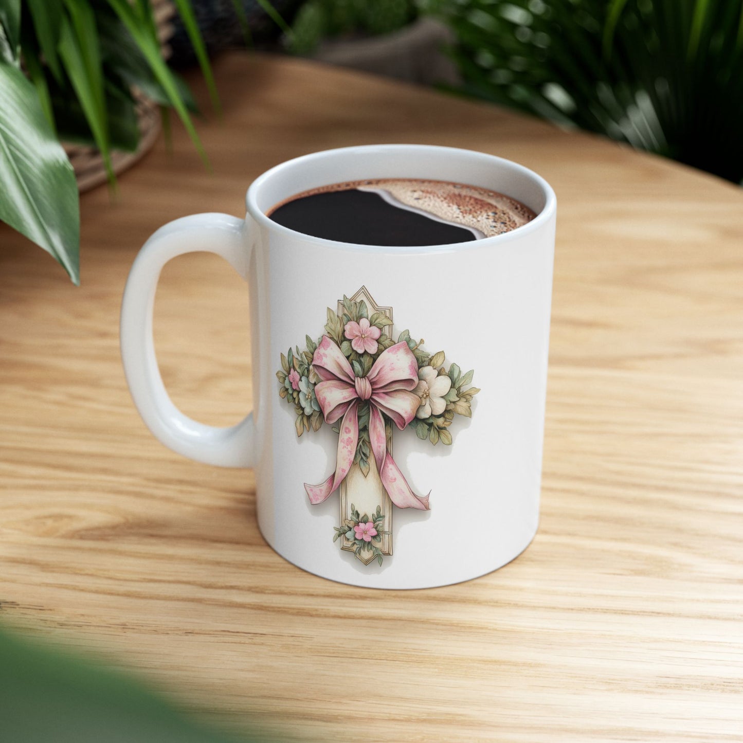 Floral Bouquet Cross  Ceramic Mug — Vintage Pink Roses Coffee Cup (11oz/15oz)